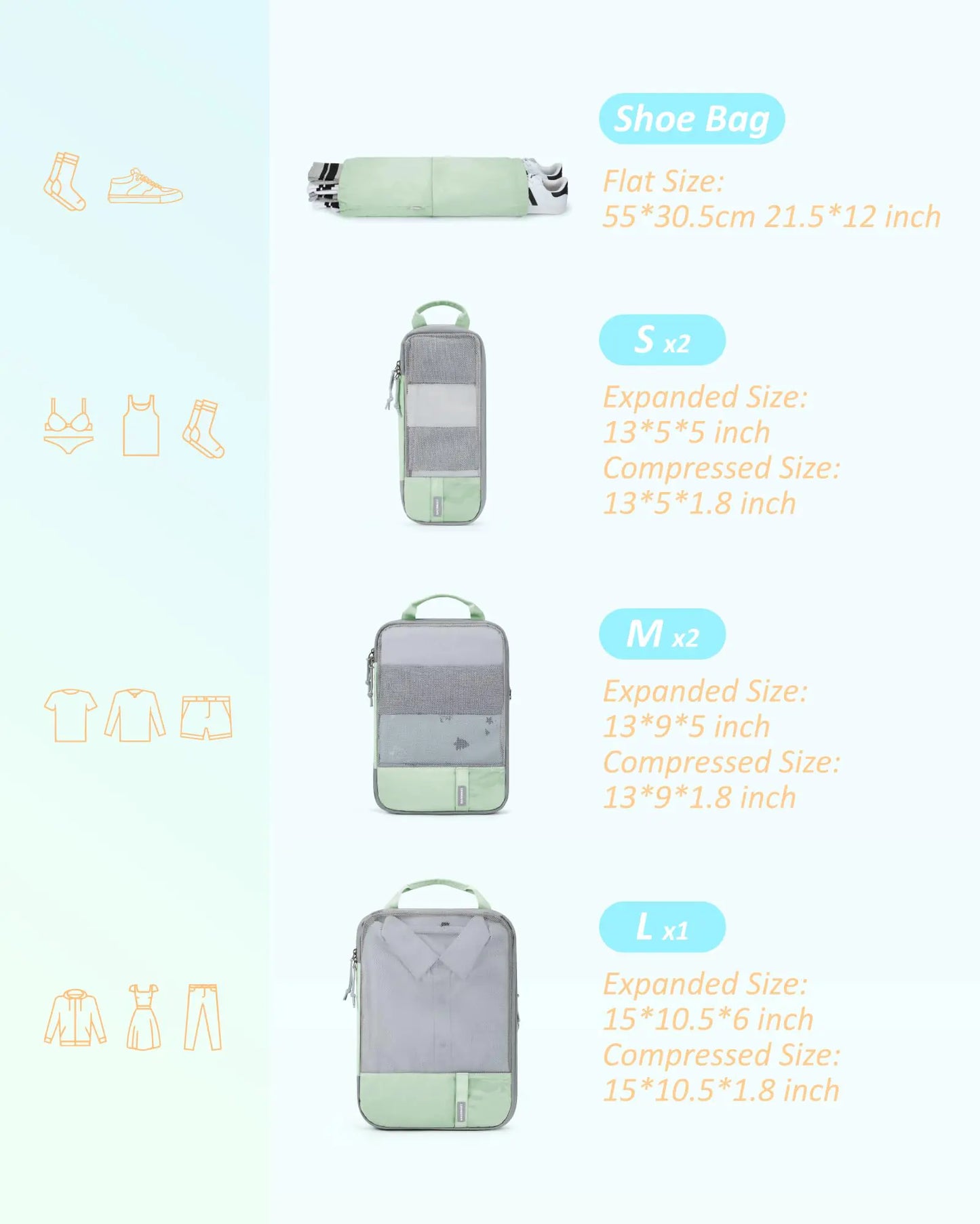 BAGSMART 6 Set/4 Set/2 Set Compression Packing Cubes for Travel, Lightweight Vacation Travel Essentials, Travel Accessories for Suitcase Organizer Bags Set, Durable Luggage Organizer Travel Bags Set of 6 Kohlrabi Green